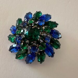 Vintage high end Green & Blue Crystal Floral Brooch - Women Jewelry